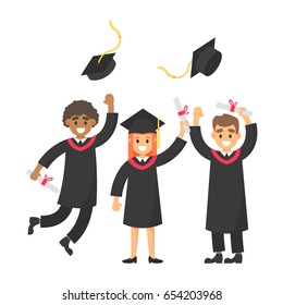 Graduate happy friends in black gown with diploma certificate ceremony