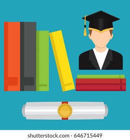 Graduate in a hat, books, certificate. Vector illustration. Education icon. 