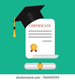 Graduate in a hat, books, certificate. Vector illustration. Education icon. 