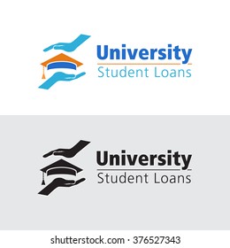 Graduate Hat  in Caring Hands educational icon template in color & black. Student loan, financial aid, money saving plan for high education concept. Sample text. Layered, editable