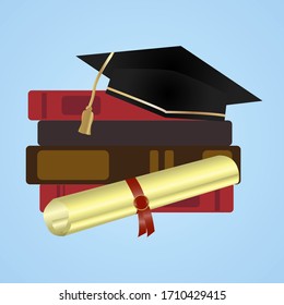Graduate hat, confederate on books, on a blue background. Vector illustration. Stock drawing.