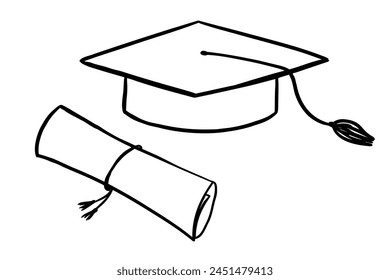 Graduate hat and diploma doodle illustrations. Hand drawn university cap. Line sketch. Academic hat icon