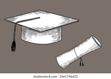 Graduate hat and diploma. Hand drawn university cap sketch. Academic hat