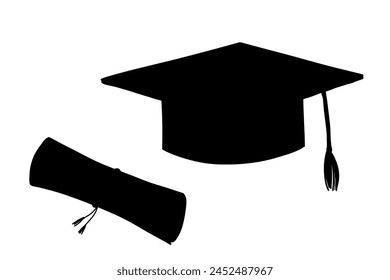 Graduate hat and diploma silhouette. Hand drawn university cap.