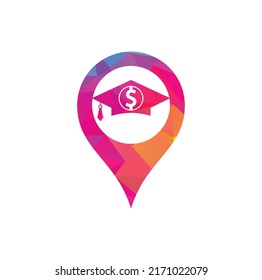 Graduate hat and dollar gps shape concept logo design. Graduate hat and coin logo combination.