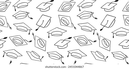 Graduate hat doodle illustrations seamless pattern. Hand drawn university caps repeat backdrop. Academic hat line background