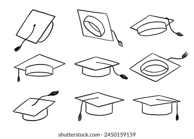 Conjunto de ilustraciones de garabatos de sombrero de graduado. Gorras universitarias dibujadas a mano. Esbozo de línea. Icono de sombrero académico