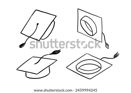 Graduate hat doodles set. Hand drawn flying university caps. Line sketch. Academic hat icon
