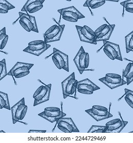 Graduate hat engraved seamless pattern. Vintage element education in hand drawn style.