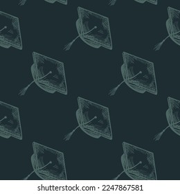 Graduate hat engraved seamless pattern. Vintage element education in hand drawn style.