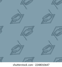 Graduate hat engraved seamless pattern. Vintage element education in hand drawn style.