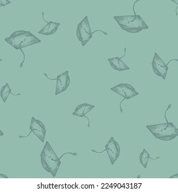 Graduate hat engraved seamless pattern. Vintage element education in hand drawn style.