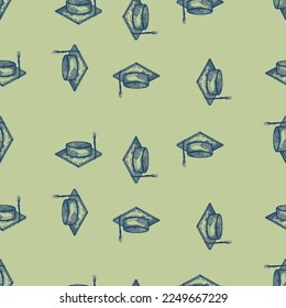 Graduate hat engraved seamless pattern. Vintage element education in hand drawn style.