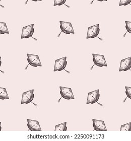 Graduate hat engraved seamless pattern. Vintage element education in hand drawn style.