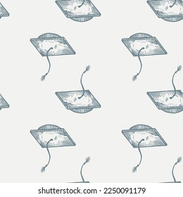 Graduate hat engraved seamless pattern. Vintage element education in hand drawn style.