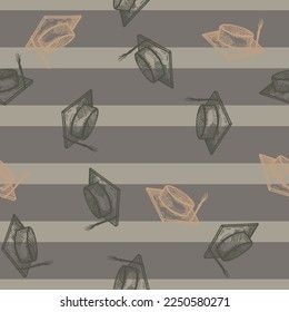 Graduate hat engraved seamless pattern. Vintage element education in hand drawn style.