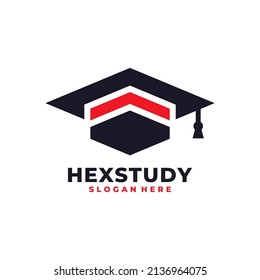 Graduate hat and hexagon logo vector. Graduation celebration gift service logo template design concept.