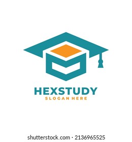 Graduate hat and hexagon logo vector. Graduation celebration gift service logo template design concept.