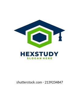 Graduate hat and hexagon logo vector. Graduation celebration gift service logo template design concept.