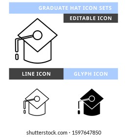Graduate Hat icons set vector design, modern editable line and  glyph icon, black color and isolated for icon presentation, website and banner
