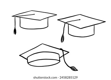 Graduate hat line icons set. Hand drawn university cap in doodle style. Academic hat monochrome illustration