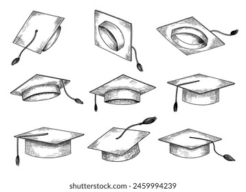 Graduate hat line sketch set. Hand drawn flying university cap in etching style. Academic hat monochrome illustration