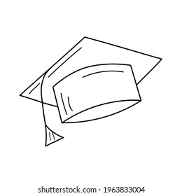 A graduate hat in a line style. Vector illustration with Graduation cap icon. Black hand drawn clipart on a white background