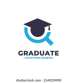 Graduate hat and magnifying glass logo vector. Graduation ceremony venue finder logo template design concept.