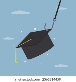 Graduate hat on fishing hook. Bait, students as victims bad education, expensive cost of student loan. Marketing, strategies for educational deception. flat vector illustration