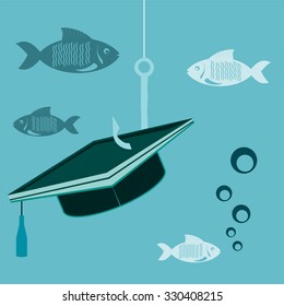 Graduate hat on a fishing hook with fish under water