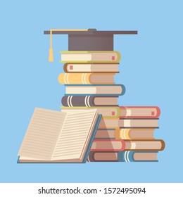 Graduate hat on the pile of books. Education or business training webpage icon. Vector illustration