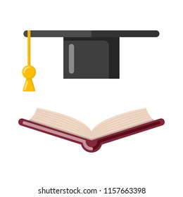 Graduate hat and open book isolated on white background. Education symbol. Vector illustration in flat style.