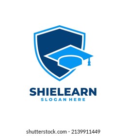 Graduate hat and shield logo vector. Safe graduation celebration logo template design concept.