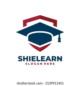 Graduate hat and shield logo vector. Safe graduation celebration logo template design concept.