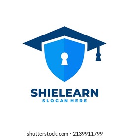 Graduate hat and shield logo vector. Safe graduation celebration logo template design concept.