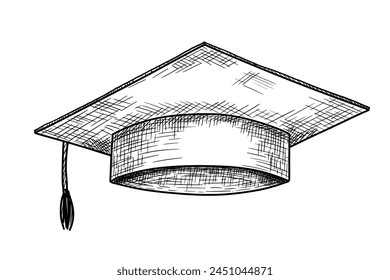 Graduate hat sketch. Hand drawn university cap in etching style. Academic hat monochrome illustration