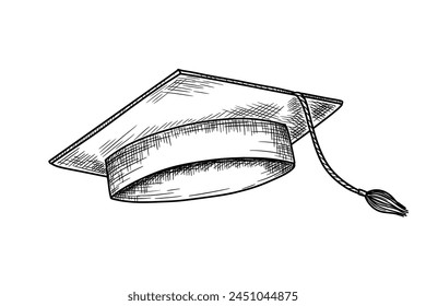 Hutskizze im Abschluss. Handgezeichnete fliegende Universitätsmütze im Radierstil. Akademische Hut monochrome Illustration