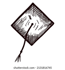 Graduate hat sketch isolated. Vintage element education in hand drawn style. Engraved designed for poster, print, book illustration, logo, tattoo. Vintage vector illustration.