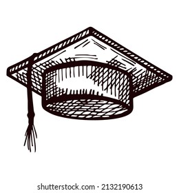 Graduate hat sketch isolated. Vintage element education in hand drawn style. Engraved designed for poster, print, book illustration, logo, tattoo. Vintage vector illustration.