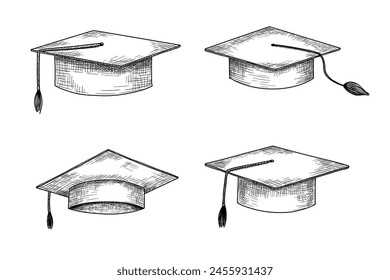 Graduate hat sketch set. Hand drawn university cap in etching style. Academic hat monochrome illustrations