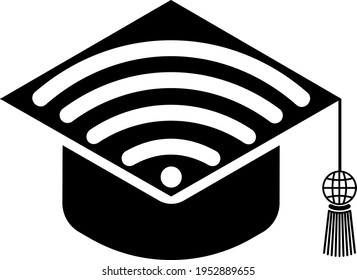 Graduate hat with wi-fi icon.
Distance learning alumni symbol due to quarantine.
Vector icon. Black drawing on transparent background for graphic and web design.