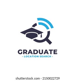 Graduate hat, wifi and magnifying glass logo vector. Graduation ceremony venue finder technology logo template design concept.