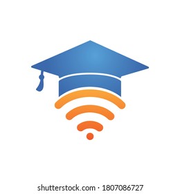 Graduate hat and wifi vector logo design. Study online logo concept.