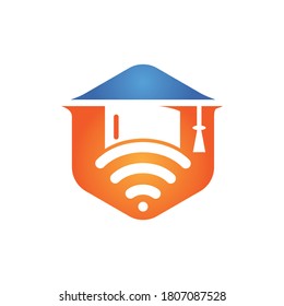 Diseño de logotipo vectorial de sombrero graduado y wifi. Estudiar el concepto del logotipo en línea.