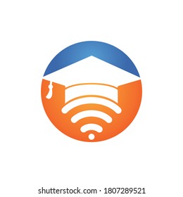 Graduate hat and wifi vector logo design. Study online logo concept.