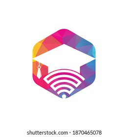 Graduierter Hut und WLAN-Vektorlogo-Design. Studie Online Logo Konzept.