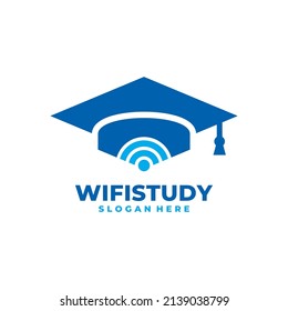 Graduate hat and wireless signal logo vector. Online study and virtual graduation celebration template design concept.