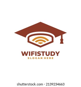 Graduate hat and wireless signal logo vector. Online study and virtual graduation celebration template design concept.