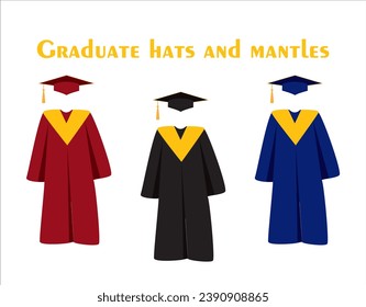 Graduate hats, academic squares or student caps and mantles in different colors. Set of graduation ceremonial clothing in flat style. Vector isolated on white