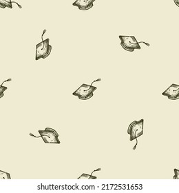 Graduate hats engraved seamless pattern. Vintage element education in hand drawn style. Sketch texture for fabric, wallpaper, textile, print, title, wrapping paper. Vector illustration.